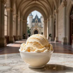 macro shot of a bowl of ice cream sitting on a table in the hall of a great castle