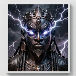 shango, african god of thunder with electric eyes, violent thunderstorm!!, dim light, front game card, marvel comics, dark, intricate, highly detailed, smooth, artstation, digital illustration, global illumination, ray tracing, unreal engine 5, by jeff easley, mandy jurgens, artgerm, wayne barlowe greg rutkowski, tim hilderbrandt