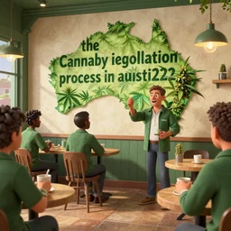 the cannabis legalization process in australia 2 0 2 2, started with customers visiting their local cafes in cannabis clothes, by ernst fuchs in 3 d by pixar