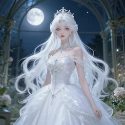 strangest girl, white hair, elegant, anime, fantasy, divine, highly detailed, princess, greenhouse, moonlight, artstation, magical, lovely, pure beauty, intricate, 4 k, art by studio bind and kyoto animation and wit studio and hyeyoung kim