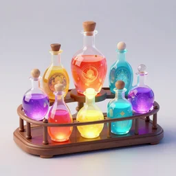 a small rack filled with five colorful glowing concoctions, magical potions, fantasy artwork, featured on artstation