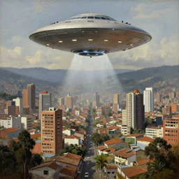 a UFO invading Bogota (city), realistic painting, classical painting, high definition, digital art, matte painting, very detailed, realistic