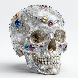 skull made of crystal covered with detailed vivid jewels, giving the peace sign, with psychedelic , unreal engine 5, enreal render, 8k