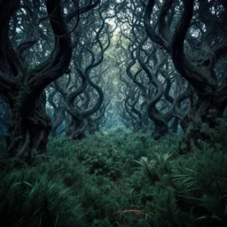 enchanted magical fantasy forest, twisting trees, thick bushes, spike - like branches, dark atmosphere by andreas rocha and stephan martiniere