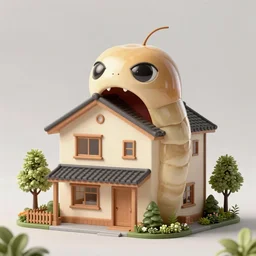 a 9 0 s 3 d render of a house in tokyo shaped like the head of a tan worm with a big open mouth and big half - lidded eyes