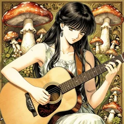 Mushroom playing acoustic guitar, manga, highly detailed, beauty, art by Takehiko Inoue, Artgerm, intricate, elegant, J. C. Leyendecker