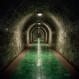 60s movie still of an empty tunnel with green tiles floor, cinestill 800t 50mm eastmancolor, liminal Space style, heavy grain