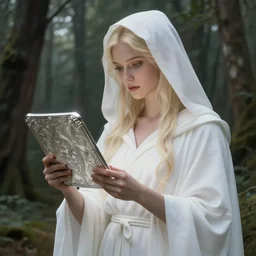 the goddess of memory holding and carving a silver tablet in a forest, white hood, white robes, blonde, fantasy, magical, realistic and detailed, spiritual, supernatural, intricate, elegant, highly detailed, digital painting, trending on artstation, by wlop, 4 k octane render