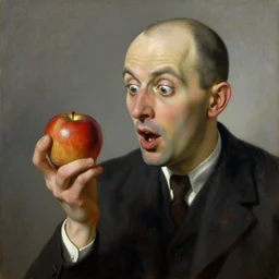 painting of a bald man from the 1 9 3 0 looking at an apple with an amazed expression