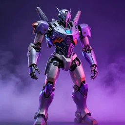 a magnificent robot warrior with fog behind it, realistic, hyperrealistic, cyberpunk, colorful lighting, purple color, trending on art station, image of the day