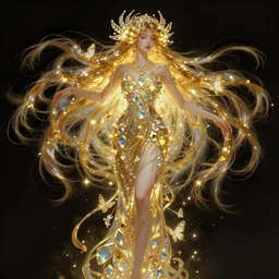 clear portrait of a woman with long hair, iridescent and golden, refractive crystal jewelry, butterflies, hyper detailed, character concept, full body, dynamic pose, glowing lights, intricate, elegant, highly detailed, digital painting, artstation, concept art, smooth, sharp focus, illustration, art by artgerm and greg rutkowski and alphonse mucha.