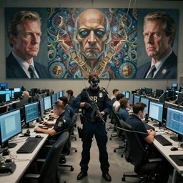an fbi agent is hooked with cables to rows of computers, beksinski, wayne barlowe, very coherent symmetrical artwork, cinematic, hyper realism, high detail, octane render, 8 k