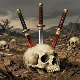 a beautiful masterpiece of three samurai swords stuck in the ground on a battlefield with a giant skull laying deep in the ground, anime, studio ghibli, joao ruas, by joao ruas, realistic shaded lighting, rich detail, fine detail, dramatic, atmospheric, trending on artstation, artgerm, rob rey