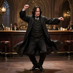 Severus Snape dancing in a bar, full body, realistic, digital art