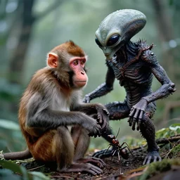 an surrealist intricate mix of a monkey an ant and an alien monster, by the best photographer of national geographic, scientific photo, hight quality, soft light, kodachrome 6 4, hiperdetailed