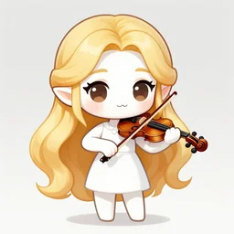 chibi, cute, big eyes, full body, elf girl with white skin and golden long wavy hair, holding a violin and playing a song, stunning art style, filters applied, lunar time, night sky, trending art, sharp focus, centered, landscape shot, fate zero, simple background, studio ghibly makoto shinkai yuji yamaguchi, by wlop