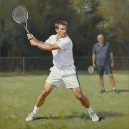 jim cornette swinging a tennis racket, an oil painting by ross tran and thomas kincade