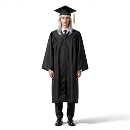 silver-haired graduate in cap and gown, high detail digital art, full body, standing, isolated on a pure white background, centered, whole figure in frame, sharp focus, studio lighting