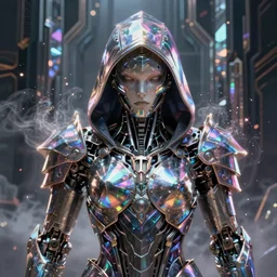 Ultra realist and ultra intricate detailed painting of an powerful hooded armor iridescent assassin, human face biomechanical complex body, 3D render, symmetry, rich style, glowing iridescent sparks and smoke behind, crystallic cyberpunk megastructure background, artstation, unreal render, depth of field