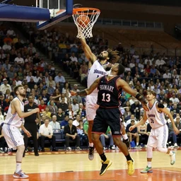 Jesus dunking over Satan in a basketball game