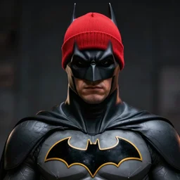 photorealistic batman is wearing a red beanie. hyperdetailed photorealism