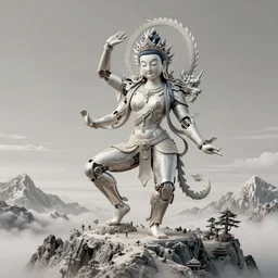 ultra realistic tibetan buddah goddess with a cyborg dragon, gorgeous pale face and full body, silly dance pose, on the top of the mountain, sci - fi, fantasy, intricate, elegant, highly detailed, matte painting, artstation, concept art, smooth, sharp focus, illustration, 8 k, art by steve ellis and alex grey and ben ridgeway and illustrative masterpiece and hokusai
