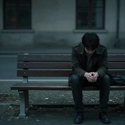 photo of a man sitting on a bench waiting for someone that will never come, depressing, moody, nostalgic, dramatic, 8 k uhd