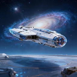 spaceship landing on a platform, hyperrealistic, background galaxy, futuristic, highly detailed, glass, blue, extremely wide angle