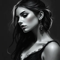full body digital and traditional art painting of elegant gothic lady with earrings, black and white, high detail, textured, by caestrad, young, dark background, mystic, goddess, perfect lighting, high contrast, arstation, artgerm, wlop, soft - focus, lightrays