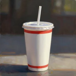 white paper cup with red strip ring and a straw!!!, hyperrealistic, highly detailed, cinematic, volumetric sunlight, beautiful, cgssociety, artstation, 8 k, oil painting by greg rutkowski, by artgerm, by wlop