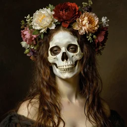 epic portrait an woman with a skull face and wet flowing hair, flower crown, made by j. c. leyendecker
