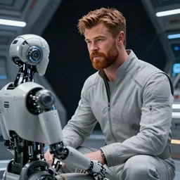 cinematic portrait of chris hemsworth with big ginger beard in light grey futuristic jumpsuit looking at sitting android robot, space station at background, high detail, 8 k, sharp focus, movie still, dramatic lighting, ray tracing, smooth, lane brown, finnstark, oleg bulakh, diego fazio, mike dargas, emanuele dascanio, felix englund, michal