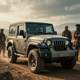Mahindra thar, tribe members watching nearby, an epic fantasy, dramatic lighting, cinematic, establishing shot, extremely high detail, photorealistic, cinematic lighting, artstation, by simon stalenhag, horizon forbidden west