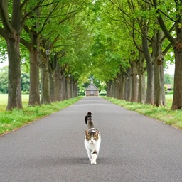 cat walking down a long tree lined avenue with a small cottage at the far end, it is night and the sky looks like van gogh starry night, style of dave mckean illustration, collage