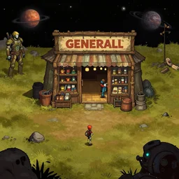 in front of a [ [ [ general store ] ] ] in a remote outpost, on an alien planet, from a space themed point and click 2 d graphic adventure game, set design inspired slightly by hg giger and tomb raider, art inspired by [ [ mark keathley ] ] and bill alexander