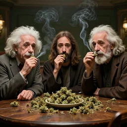 jesus, einstein and darwin are sitting on a table, smoking weed, drunk, in the afterlife, wholesome, octane render, hyperdetailed, beautiful, art, by greg rutkowski, artstation