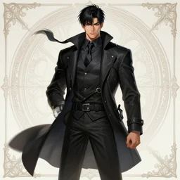 a highly detailed illustration of young attractive black haired korean guy wearing black detective coat with coattails, heroic pose, strings background, intricate, elegant, highly detailed, centered, digital painting, artstation, concept art, smooth, sharp focus, league of legends concept art, wlop.