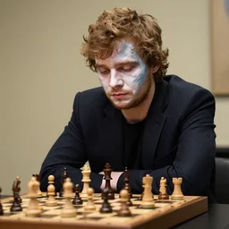magnus carlsen with a chess - board painted in his face