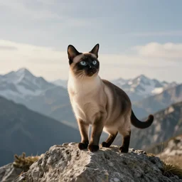 a siamese cat standing on the peak of a mountain range, looking far, digital art, epic lighting, epic composition, 4 k