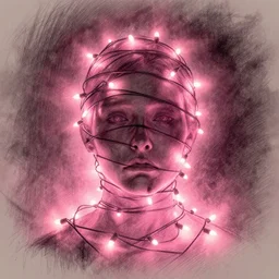 pink christmas tree lights wrapped around a human face, sketch illustration, disney concept art, soft glow, dappled light, portrait art, backlit, indie studio, fantasy, rim lighting, intense, powerful, emotional, powerful, epic composition, noise, texture, rule of thirds, dappled light,