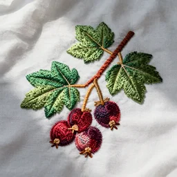 embroidered pattern of currant leaves ( ribes aureum ) on white linen fabric