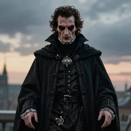 close macroshot detail portrait evil John Cusack as 18 century warlock in cloak as mantle, male, elegant,  digital fantasy art, hands straight down, insane,  under light, at late evening by greg rutkowski and thomas kinkade, Trending on artstation