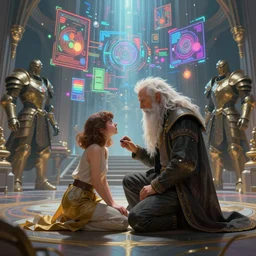 illustration of h. r. giger and liliia sitailo, artist paint in air colorful elements of bright sci - fi hologram elements, great hall with guardians in armor, dramatic, sharp focus, depth of field, highly detailed, artstation, digital art, volumetric light, dynamic, expression