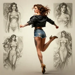 tattooed pinup sexy girl sienna miller wearing a jacket and ripped shorts running and jumping, character sheet, contrast, deep focus, turnaround, highly detailed, dramatic lighting, rear view, ultra wide angle, digital painting, artstation, concept art, matte, sharp focus, illustration, elegant, art by artgerm and greg rutkowski and alphonse mucha.