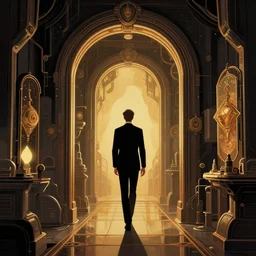 perfect expression, subconscious connects, purified consciousness, regal refined realistic, distinguished, elegant, man sneaking into secret lab, dieselpunk portals, dramatic lighting, maximalist magical artifact, digital illustration, superflat contemporary style, heavy metal, graphic novel, simon stalenhag, vladimir kush, peter elson,