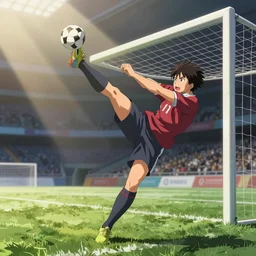anime soccer player scores goal with volley kick, hyperrealism