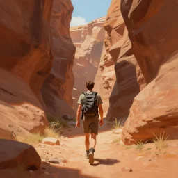 a painting of a man walking through a canyon, a digital painting by anton fadeev, behance contest winner, fantasy art, speedpainting, 2 d game art
