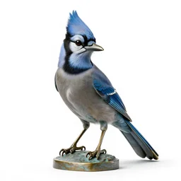 bronze statue of a blue jay, photorealistic wildlife photography, full body, isolated on a pure white background, centered, entire subject in frame, sharp focus, soft studio lighting