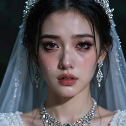 ilyana vyulnika as a young wet bride in the dark, heavy makeup, crying eyes, tears, leaked mascara, lipgloss, portrait, closeup, cute freckles, gloss effects, and exaggerated proportions, intricate silver jewelry, after rain, digital art by julia razumova and mel milton, trending on artstation, 4 k high quality
