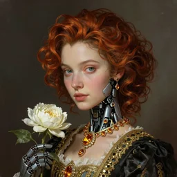 portrait, headshot, insanely nice hair style,  dramatic hair color, digital painting,  gentle friendly modern robot holding flowers , amber jewels, baroque, ornate clothing, scifi, realistic, hyperdetailed, chiaroscuro, concept art, art by Franz Hals and Jon Foster and Ayami Kojima and Amano and Karol Bak,